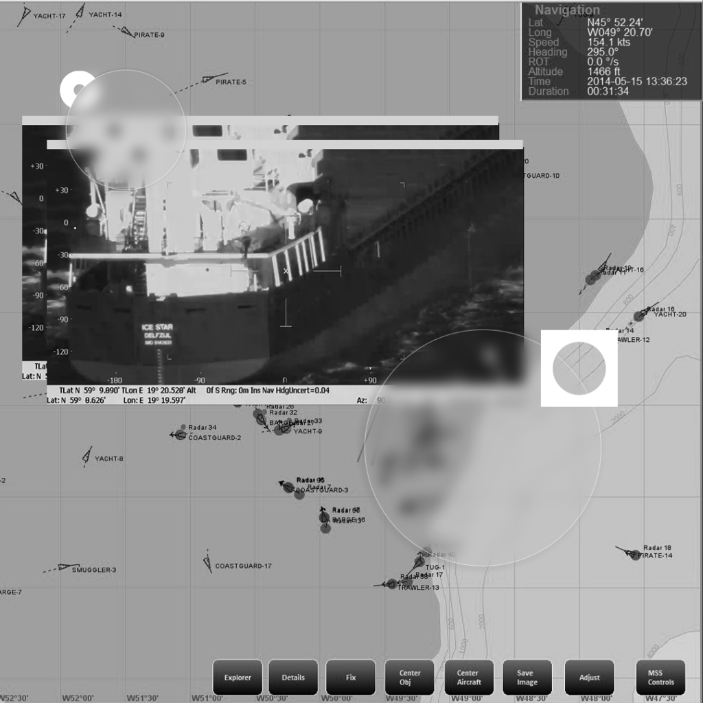 Black-and-white thermal imaging interface displaying a ship on a monitoring screen overlaid with a digital navigation map. The screen includes coordinates, speed, heading, and other surveillance data for real-time tracking and situational awareness.