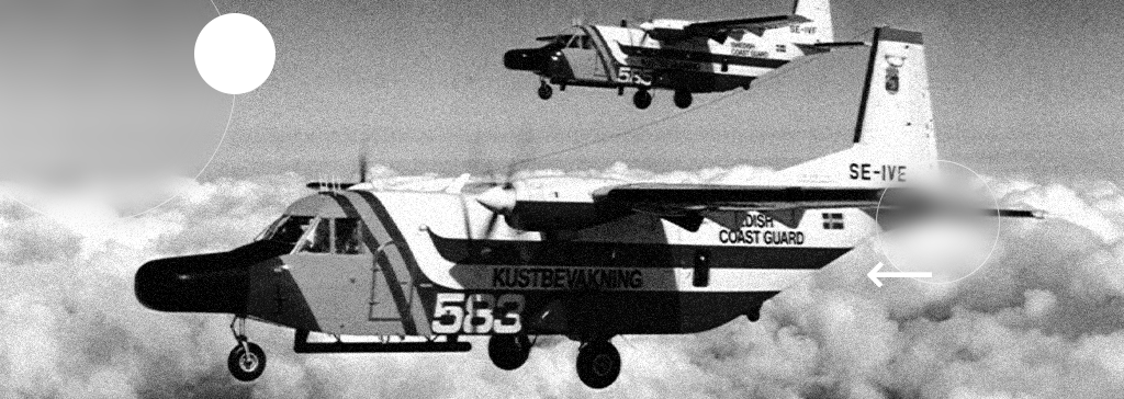 Two Swedish Coast Guard surveillance aircraft flying above the clouds in a blue-toned image, highlighting their role in airborne monitoring and reconnaissance missions.