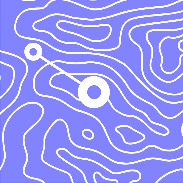 A stylized topographic map design in white lines over a purple background, featuring a highlighted circular point connected by a line, symbolizing navigation and precision in airborne surveillance technology.